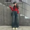 Calça Jeans Feminina Primavera e Outono 2024 Nova Infantil Outono e Inverno Forrada com Fleece Espessada Estilo Western Solta de Perna Reta Perna Larga