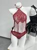 Lemon Story Lencería Sexy Femenina Deseo Puro Banda para el Vientre Borla Abertura en la Entrepierna Tentación Pijama que No se Quita Ropa de Tres Puntos Transparente