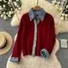 Cárdigan de Punto Patchwork de Mezclilla Retro Falso Dos Piezas para Mujer Versátil Reductor de Edad Abrigo Suéter Otoño 2026 Casual