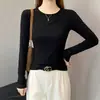 Camiseta Negra de Cuello Redondo y Manga Larga Ludao Story con Puntadas Diagonales para Mujer, Diseño Ajustado para Primavera y Otoño, Camiseta Básica Versátil