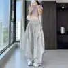 Cós estiloso com cordão, barra com babados, calça pantalona, calça longa de corte solto, calça casual para mulheres, coleção de outono, cintura alta, cinza, caimento relaxado