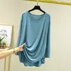 Camiseta de algodón de manga larga fina y holgada para mujer, de color liso, cuello redondo, para casa, talla grande, nueva, casual, primavera-verano