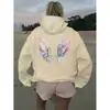 Sudadera de Felpa para Mujer de Comercio Exterior Transfronterizo con Capucha Alada, Bolsillo Canguro Estampado, Cordón de Ajuste y Sudadera con Capucha Estampada