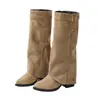 Botas longas de salto grosso tamanho grande para mulheres, comércio exterior transfronteiriço, novo estilo europeu e americano outono e inverno, botas plissadas versáteis da moda