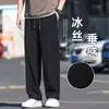 Calças de Seda Gelada Transfronteiriças Primavera e Verão para Homens, Estilo Hong Kong Tendência, Versátil Preto Solto Reta Fluida Perna Larga Casual para Homens
