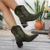 Botas curtas de ganga retro bordadas, famosas na internet, de salto grosso, de cano médio, europeias e americanas, transfronteiriças, foscas, atacado em tamanhos grandes