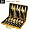 Juego de Cubiertos de Acero Inoxidable Columna Romana Dorada Caja de Madera 24 Piezas Estilo Occidental Cuchillo para Bistec, Tenedor y Cuchara