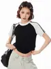 Camiseta de manga corta con costuras de contraste a rayas, estilo coreano, ajustada, adelgazante, para mujer