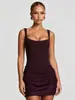 Vestido Corto Bodycon Elegante de Nuevo Estilo Europeo y Americano 2026, Cuadrado, Sin Mangas, Cintura Alta con Lazo, Ajustado, con Pliegues Tridimensionales para Mujer