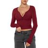 Amazon Top Sexy de Manga Larga para Mujer, Color Sólido, Sencillo, Ajustado, Botones, Estilo Americano Casual