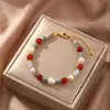 Pulsera de Perlas de Agua Dulce y Piedra Shoushan de Color Contrastante Estilo Chino Hecha a Mano Ágata Roja Artística Retro Nueva Pulsera de Perlas China para Mujer