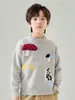 Suéter Grueso 100% Lana Pura para Niños con Cuello Semi Alto, Jersey de Punto Jacquard de Hongos para Niños y Niñas, Camiseta Base de Punto para Niños Mayores