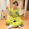 Otoño e Invierno Franela Solapa Forro Polar Botones Ropa de Casa para Niños Traje de Dibujos Animados Pijama de Niños Terciopelo de Coral Engrosado