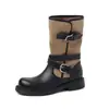 Botas de Motocicleta para Chica Dulce y Fresca con Doble Hebilla de Piel de Vaca Completa 2026 Otoño/Invierno Tacón Medio Grueso Punta Redonda de Piel Genuina de Media Caña Talla 42