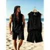 Conjunto europeo de verano para hombre sin mangas con capucha, de algodón y lino, top y shorts para hombre, atuendo casual holgado para vacaciones