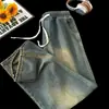 Calça jeans masculina vintage lavada estilo americano, nova coleção primavera/outono, corte reto solto com cintura elástica e cordão, estilo high-street