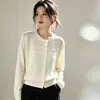 Elegante cárdigan de punto para mujer con cuello redondo, diseño de ganchillo calado, corte holgado, nueva y elegante chaqueta superior con botones