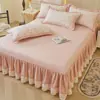 Juego de cuatro piezas de falda de cama de gasa de doble capa 100% algodón tipo A sábana de cama de color liso 100% algodón funda de cama funda de edredón con estampado floral pequeño ampliado ropa de cama 4