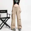 Pantalones Anchos Asimétricos Rasgados Dopamine para Mujer, Delgados de Primavera de Cintura Alta Sueltos Negros con Cordones Rectos tipo Cargo para Mujer