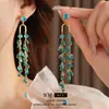 Aretes de Aguja Plateada con Piedra Verde Incrustada de Diamantes y Borlas de Cristal, Estilo Bosque, Frescos, Dulces, Delicados, Únicos y Elegantes