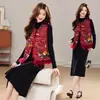 Invierno Nuevo Estilo Relleno de Algodón Nuevo Estilo Chino Cuello Redondo Bordado en Todo el Cuerpo Hebilla de Disco Estilo Occidental de Dos Piezas Traje Falda para Mujer