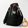 Jaqueta com capuz da moda para outono e inverno, estilos regular e com forro de fleece, combinada com jeans vintage de cintura elástica, conjunto de 2 peças