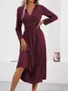 Vestido Elegante Largo de Mujer para Otoño e Invierno, Color Sólido, Superpuesto, Cuello en V, Manga Larga, Cintura Fruncida, Nuevo Vestido Largo para Mujer