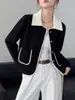 Estilo Novo Outono/Inverno 2026 Color Block Gola Reversível Tricô Lã Dupla Face Elegante Estilo Chanel Versátil Casaco Suéter para Mulheres