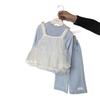 ¡Oh, Vaya!Conjunto de Tres Piezas de Chaleco de Encaje con Lazo y Tirantes Nuevo de Primavera, Atuendo de Moda Estilo Coreano para Niña Pequeña