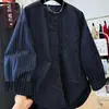 Camisa feminina listrada azul marinho de gola redonda e manga longa, estilo coreano, de alta qualidade, simples e elegante, top casual soltinho para outono