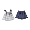Ropa para Niños Amila 26 Nuevo Estilo de Verano Conjunto de Dos Piezas para Niñas con Tirantes de Lazo y Pantalones Cortos de Encaje, Lindo y Fresco