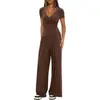 Conjunto Informal de 2 Piezas de Color Sólido Transfronterizo de Amazon 2025, Top de Tricot con Cuello en V y Manga Corta con Pantalones de Pierna Ancha para Combinación Casual y Deportiva