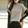 Outono/Inverno Novo Sem Mangas 100% Lã Feminino Barra Rolada Top Colete Gola Meia-Alta Tricô Elegante Estilo Xale Suéter