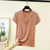Nova camiseta de modal de verão com decote V e manga curta para mulheres, simples e versátil, blusa base modeladora, top casual soltinho plus size