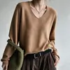 Nuevo Suéter de Punto de Hilo de Algodón 2026 Otoño/Invierno con Borde Enrollado, Cuello en V, Manga Larga para Mujer, Color Sólido, Holgado, Suéter, Prenda Base