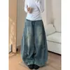 Calça Jeans Wide Leg Azul Vintage Rasgada de Cintura Alta para Mulheres Altas, Verão, Caimento Solto, Emagrecedora, Comprimento no Chão, com Barra Curva