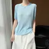 Blusa de Tricô Redonda Nova de Renda Lyocell Primavera/Verão, Camisa Básica Lisa de Manga Três Quartos Vazada, Camiseta de Listras Verticais para Mulheres