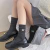 Calcetines de tubo para mujer con lazo bordado, color sólido, estilo simple ins, doble aguja sin costuras, calcetines para niña de rayas verticales apilados