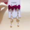 Long Ancora Red Wine Red Flocking Bow Pearl Tassel Brincos Outono Inverno Ano Novo Brincos Festivos