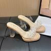 Sandalias Transparentes de Tacón Alto para Mujer, Zapatos de Verano para Mujer, Tacones Gruesos de Cristal Francés, Sandalias Niche de Talla Grande con Pedrería para Mujer para Usar en Exteriores