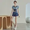 Conjunto de Shorts Esportivos de Yoga Anti-Exposição com Bolso Lateral Transfronteiriço, Peça Falsa Dupla, Bloqueio de Cores, Feminino, para Corrida, Fitness, Respirável, Secagem Rápida