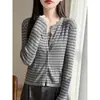 Conjunto de dos piezas: cárdigan transfronterizo + top de tirantes, cárdigan de punto para mujer, suéter de lana fina a rayas, cuello redondo, manga larga, corte ajustado