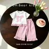 Roupa de Verão para Meninas: Conjunto de Duas Peças Casual Xadrez com Calça Wide Leg, Laço Bordado e Renda, Manga Curta, Estilo Doce Ins