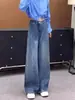 Jeans azules elegantes con pedrería y dobladillo curvo para mujer, nuevo estilo de verano, talla grande, adelgazantes para cuerpo tipo pera, pantalones casuales de pierna ancha