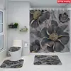 Juego de Cuatro Piezas de Cortina de Ducha y Alfombrilla de Baño con Diseño de Flores y Plantas Transfronterizas para Baño del Hogar, Cortina de Ducha Divisoria de Separación Seca y Húmeda, Cortina de Ducha Impermeable