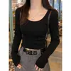 Camiseta feminina de algodão com gola U e manga longa Primavera e Outono Nova slim fit modeladora simples segunda pele camiseta top para usar por cima