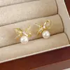 Brincos de Renda com Zircônia Estilo Coreano, Laço, Pedra Olho de Tigre e Pérola para Mulheres, Brincos Muito Bonitos, Acessórios de Orelha de Inverno