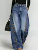 Pantalones de Pierna Ancha Huecos con Anillo Metálico Lateral Estilo Europeo Transfronterizo, Pantalones de Mezclilla Lavada Elásticos de Cintura Media para Mujer, Longitud de Piso