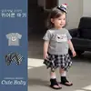 Conjunto Ligero de Verano para Niñas, Linda Falda a Cuadros Irregulares con Cerezas de Manga Corta, Dulce y Fresco Conjunto de Dos Piezas para Bebés Niñas