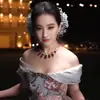 Conjunto de Collar y Pendientes con Borla de Gota de Agua Incrustada de Diamantes del Mismo Estilo de Liu Yifei Retro Lujo Accesible Cadena para la Clavícula Joyería de Diseño de Nicho